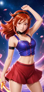 Animated anime girl with blue top and red skirt in a cosmic background.