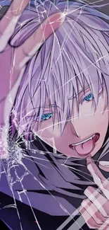 Anime character with shattered glass effect and white hair.