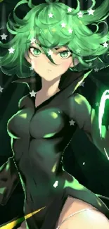 Dynamic anime character with green aura art.