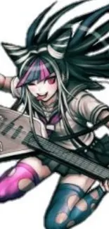 Anime guitarist with pink highlights and dynamic pose.