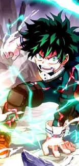 Anime hero in action with vibrant energy background.