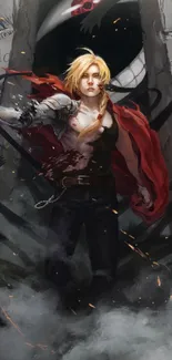 Dynamic anime hero with red cape and mechanical arm in dark setting background.