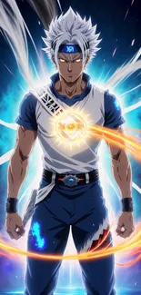 Anime hero with vibrant aura in dynamic blue theme.