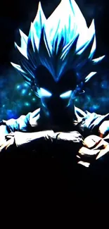 Dynamic anime hero with glowing blue features and dark background.