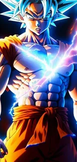 Anime hero with electric aura in vibrant blue and orange colors.