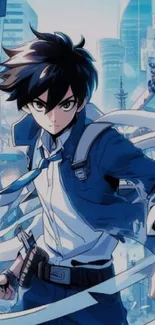 Anime character in dynamic blue cityscape.