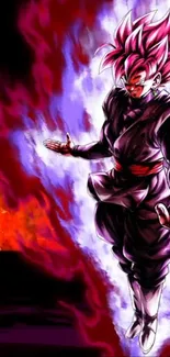 Anime character with glowing purple aura on a vibrant background.