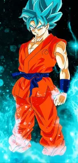 Anime hero with vibrant colors, orange suit, and blue aura energy.