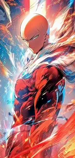 Dynamic anime hero surrounded by vibrant energy and colors.