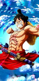 Anime hero in dynamic pose with blue sky background.