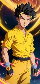 Dynamic anime hero in yellow with swirling energy background.