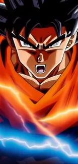 Anime hero with orange outfit and energy burst in dynamic pose.