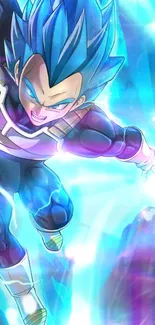 Vibrant anime character in action with blue energy in a dynamic pose.