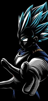 Anime hero with blue hair in dynamic pose on a black background.