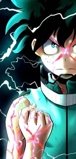 Anime hero with electric effects and intense expression in vibrant teal hues.