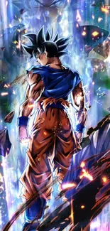 Anime hero in dynamic action pose with vibrant blue energy.