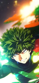 Anime hero in action with vibrant colors and green hair.