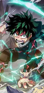 Anime hero unleashes power in dynamic electrifying scene.