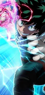 Dynamic anime hero generating energy with vibrant cyan and pink effects.