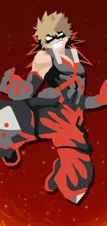 Anime hero in dynamic pose with fiery red background.