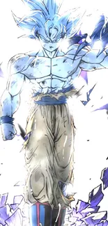 Anime hero with blue energy aura and shattered ground scene.