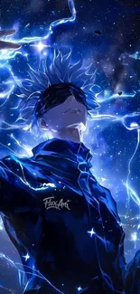 Electrifying anime character with lightning and blue hues.