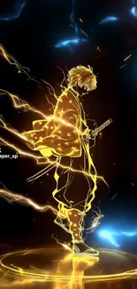 Anime character surrounded by gold lightning and vibrant energy.