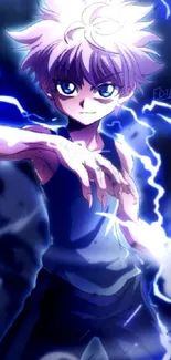 Anime character with lightning energy in dynamic blue tones, ideal for mobile wallpaper.