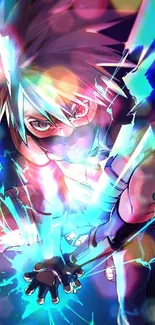 Anime character with electric lightning effect on mobile wallpaper.