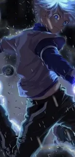 Anime character with blue lightning power in dynamic pose.