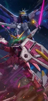 Dynamic anime mecha battle with vibrant colors and intense action.