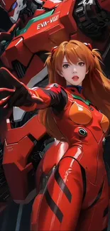 Anime character with a red mecha in action pose.