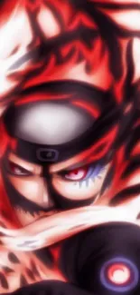 Anime ninja character with red and black swirling designs.