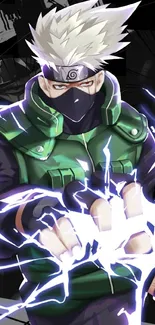 Anime ninja with green gear and dynamic lightning effects.