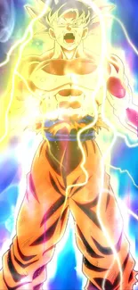 Anime hero with electric aura in dynamic action scene.