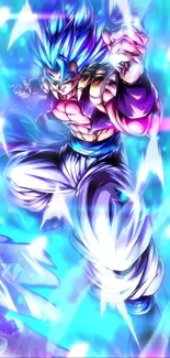 Anime character with vibrant blue aura in action-packed wallpaper.