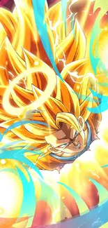 Colorful anime character in a vibrant power explosion scene.