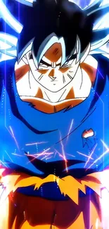 Anime warrior in electrifying blue aura.