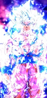 Anime character with powerful energy aura, vibrant purple background.