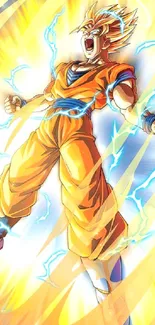 Anime hero with dynamic power aura and lightning in vibrant orange design.