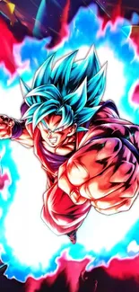 Vibrant anime character with electric blue aura in dynamic action pose.