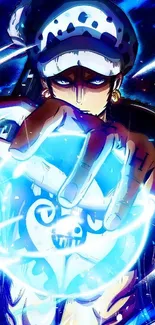 Anime character with electric blue energy in action-packed scene.