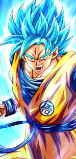 Anime character with blue hair in a powerful action pose.