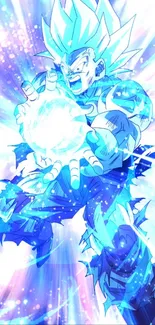 Anime character with glowing energy in vibrant blue hues.