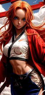 Anime female warrior with red attire.