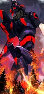 Anime robot with fiery backdrop and trees.