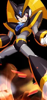 Anime robot character with yellow and black colors in an action pose on a mobile wallpaper.