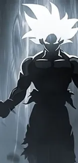 Silhouette of a powerful anime character with glowing aura against gray backdrop.