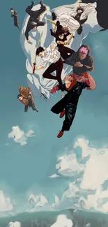 Anime characters soaring through a vibrant sky.