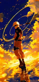 Anime character stands in vibrant orange sky with swirling clouds.